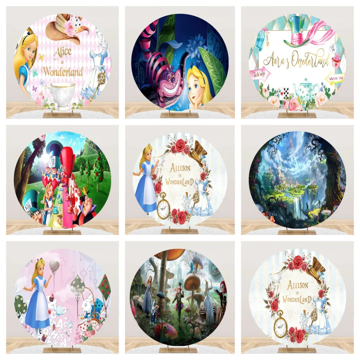 

Magic Forest Princess Alice In Wonderland Cartoon Custom Elastic Round Backdrop Cover Happy Birthday Party Circle Background