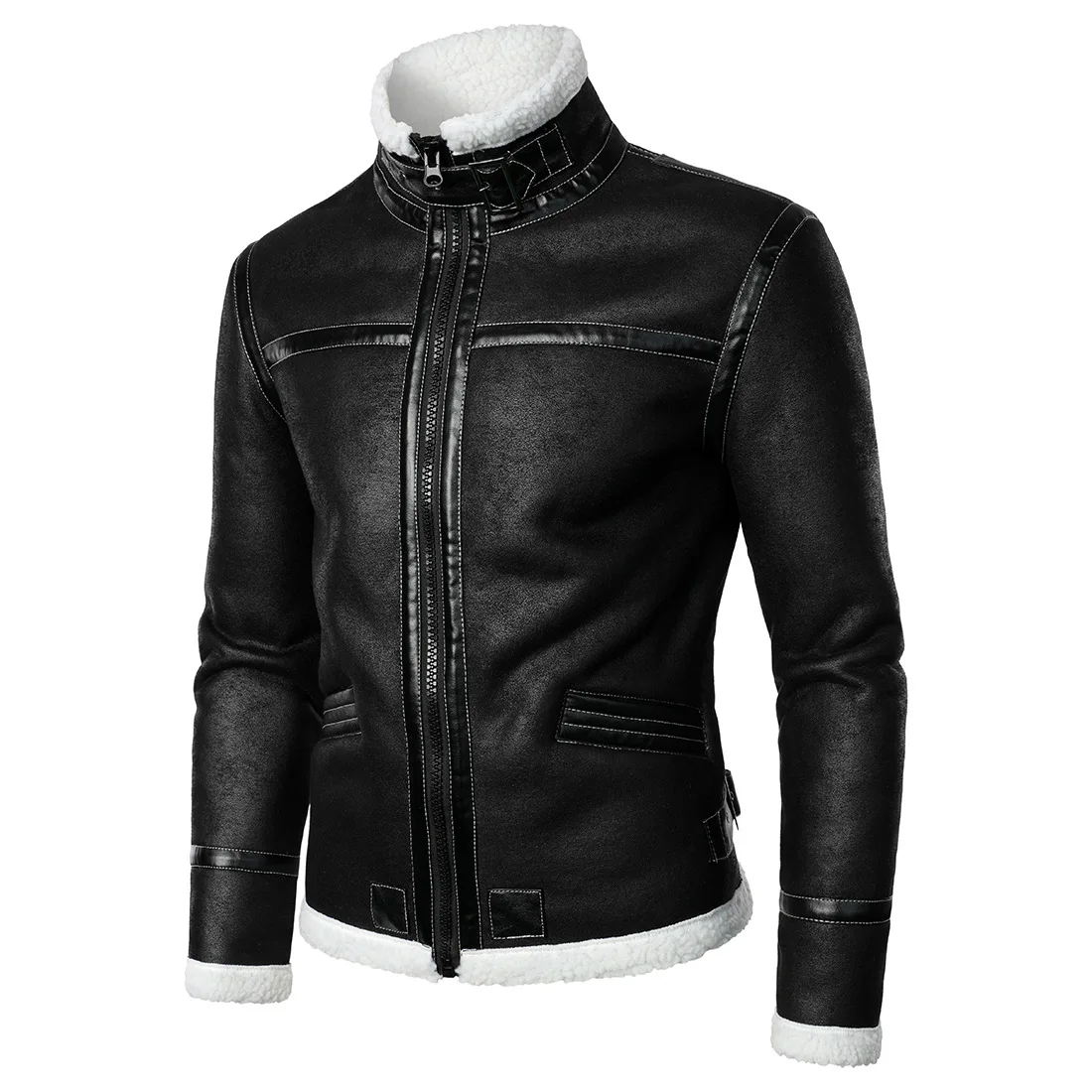 Men's one-piece jacket winter jacket thickened stand-up collar men's leather jacket