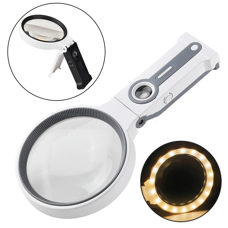 

10X Handheld Folding Magnifier Rechargeable Portable Illuminated Jewelry Magnifying Glass with 37 LED Light for Elderly Reading