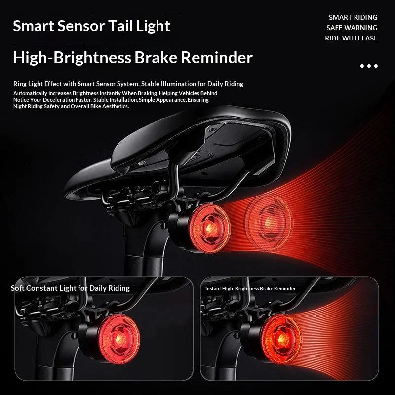Smart Brake Sensing Bike Tail Light Magnetic Mount USB Rechargeable Bicycle Rear Light Waterproof MTB Road Night Cycling Lamp