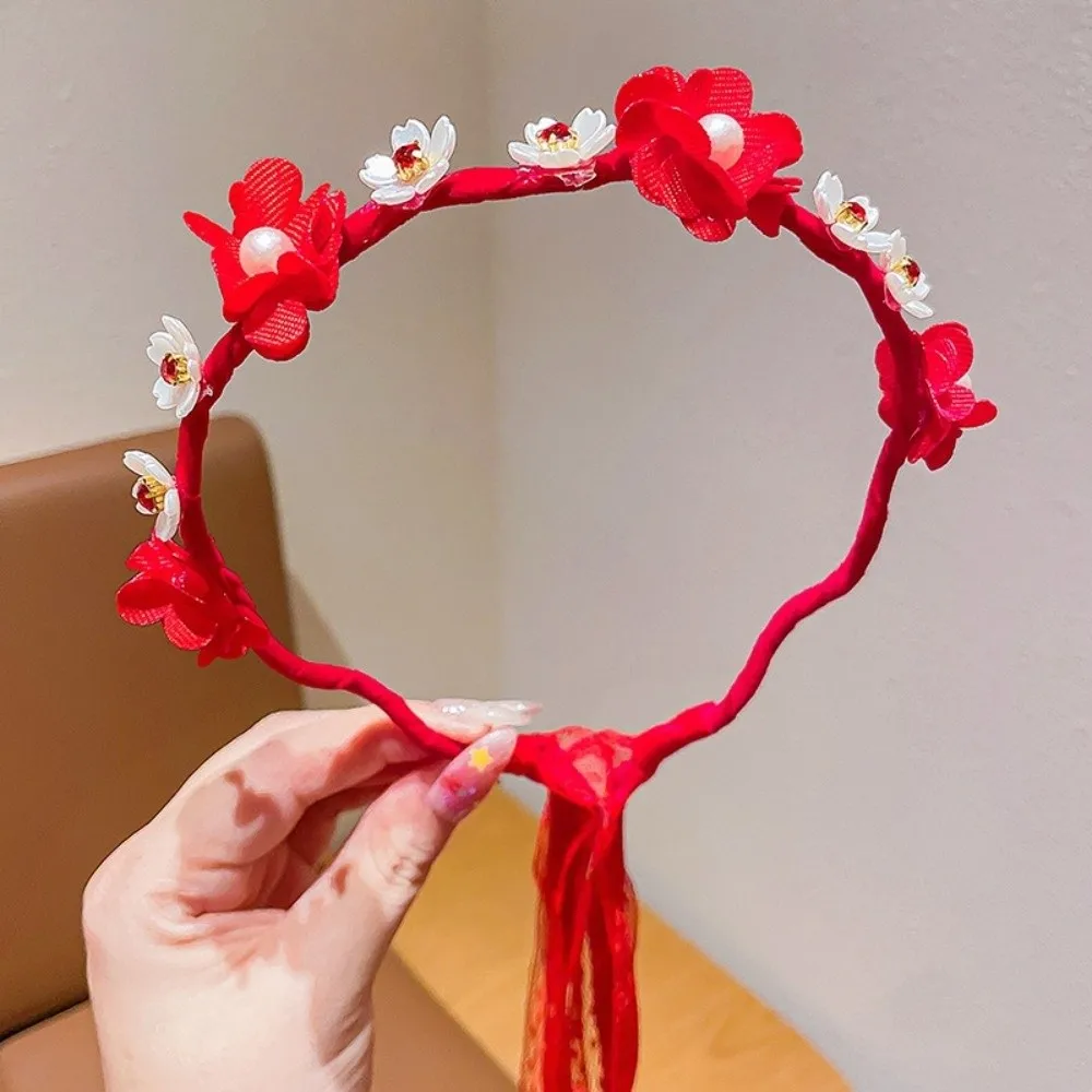 أنيقة الأحمر النمط الصيني عقال الكرة اللؤلؤ زهرة القديمة أغطية الرأس شرابة لطيف السنة الجديدة الشعر هوب المنزل #2