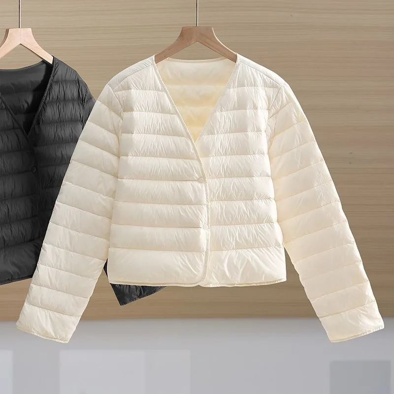 Women V Neck Ultra Light Padded Jacket Winter Sleeveless Collar Inner Warm Layering Casual Outerwear