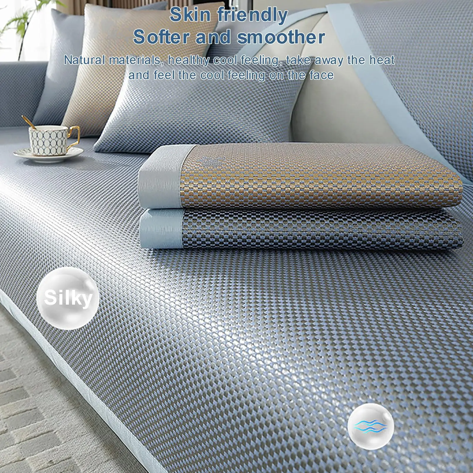 Cooling Ice Silk Couch Cover, Non Slip Breathable Sofa Pad,Summer Cooling Furniture Protector for Living Room