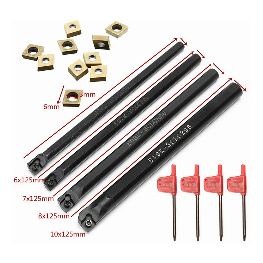 6/7/8/10mm SCLCR06 Shank Lathe Turning Tools Holders Boring Bar Tools Lathe Cutter Metal Turning Rods Holders 10pcs Inserts