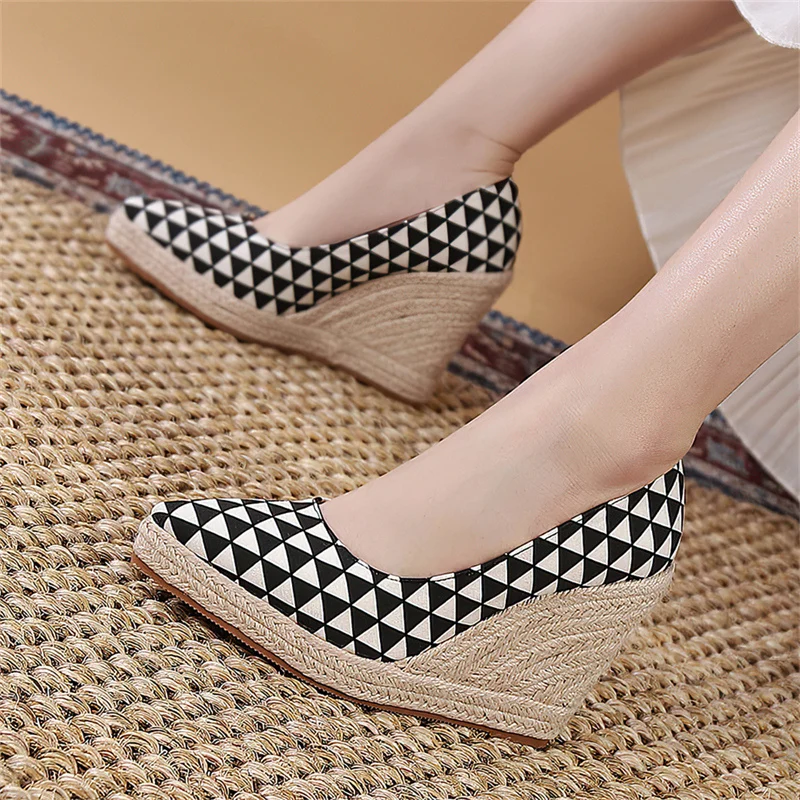 Wedge Canvas Pumps Women\'s Autumn 10cm Green Heels Korean Shoes For Women High-heeled Denim Bohemian Style Shoe Espadrilles