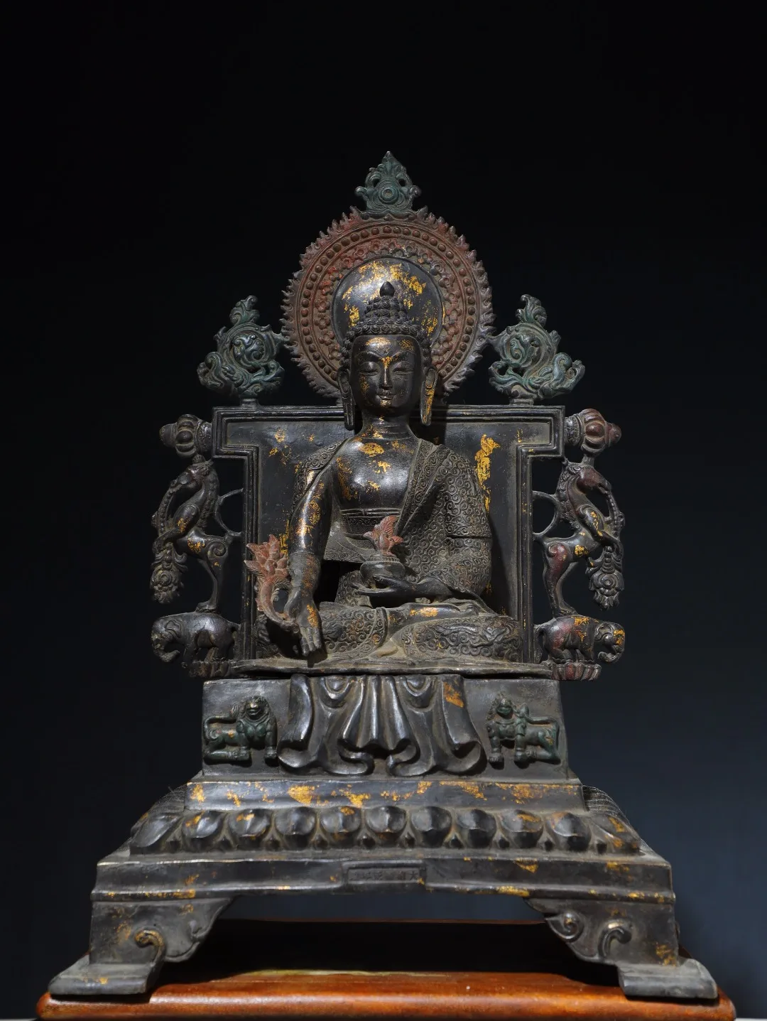 

22"Tibetan Temple Collection Old Bronze Cinnabar Mud gold Bhaisajyaguru Medicine Buddha Buddhist Niche Worship Hall Town house