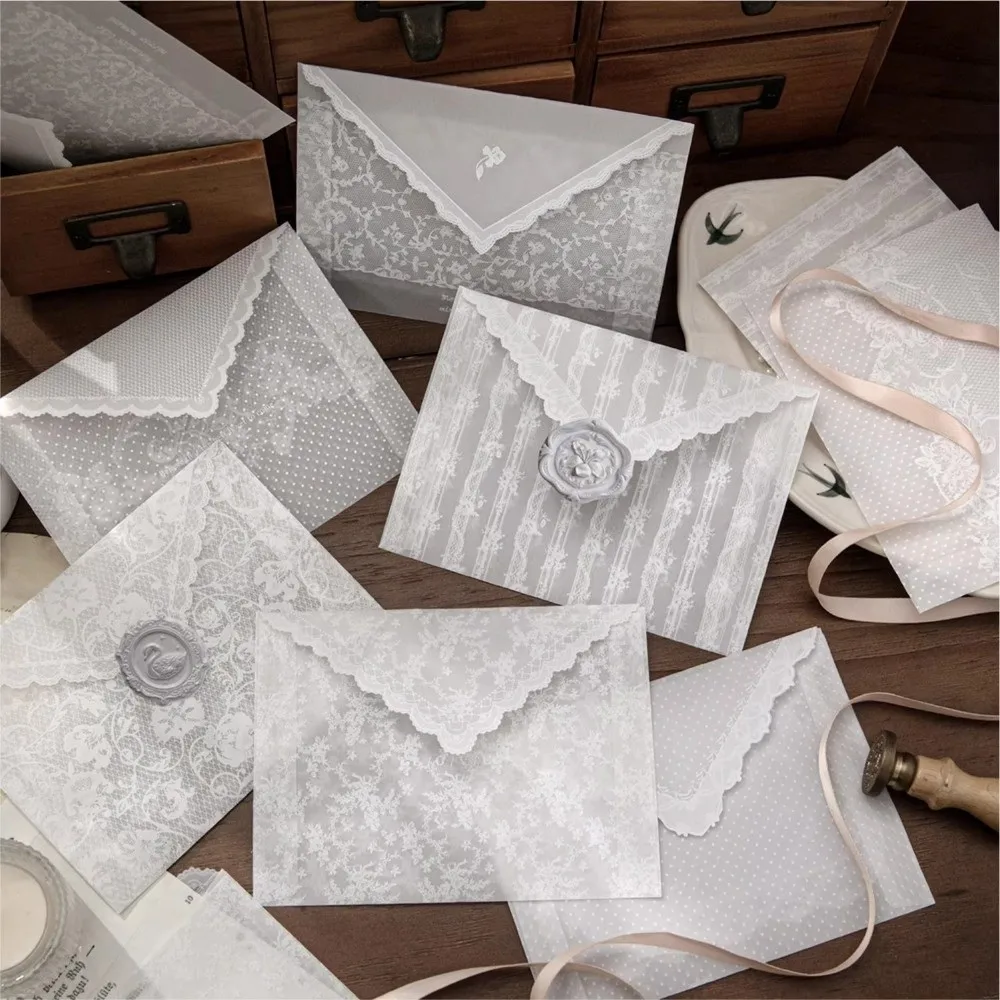 4pcs Per Set Lace Paper Envelope Paper Material Hollow Wedding Invitation Envelopes Transparent Lace Postcard Storage Bag