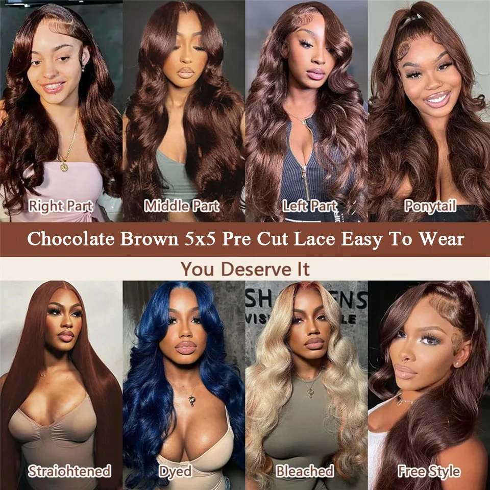 5x5 Предварительно вырезанный кружевной коричневый парик из человеческих волос с объемной волной Шоколадный цвет Предварительно выщипанный 30-дюймовый объемный волнистый парик Бесклеевые парики из человеческих волос