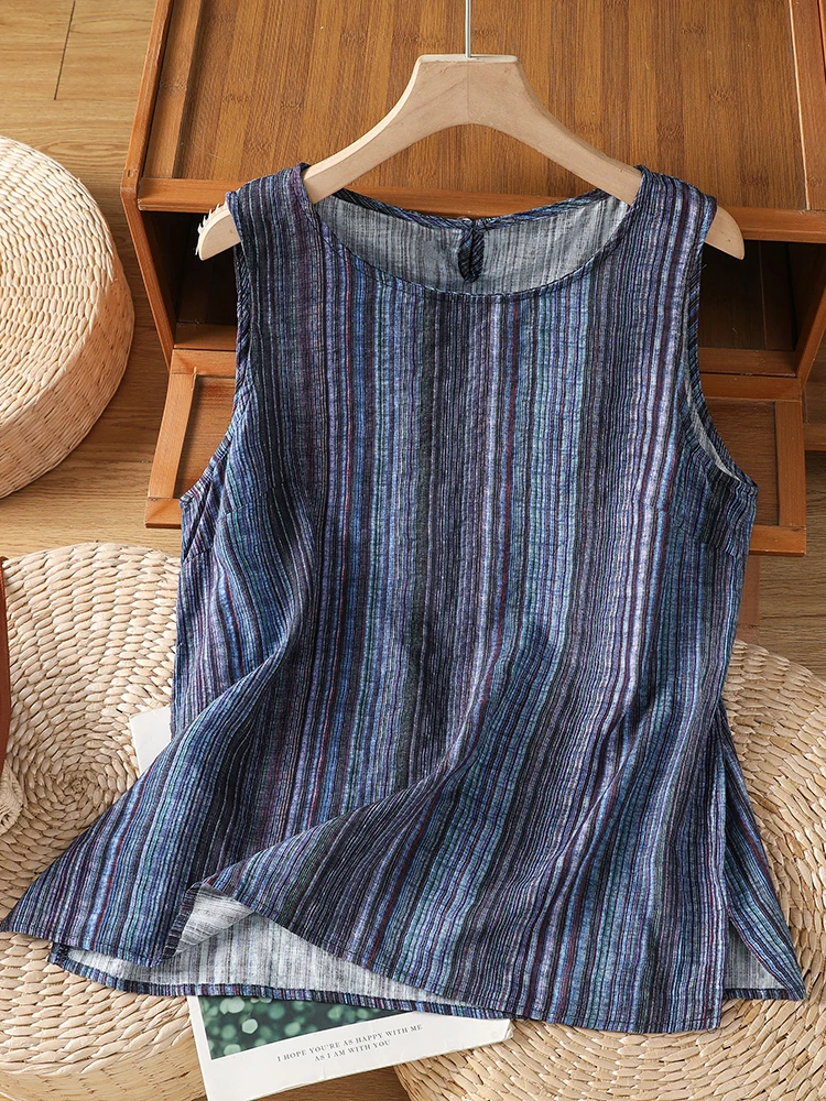 

Retro Striped Sleeveless round Neck Vest for Women Comfortable Breathable Casual Loose Fit Summer Top Color Woven