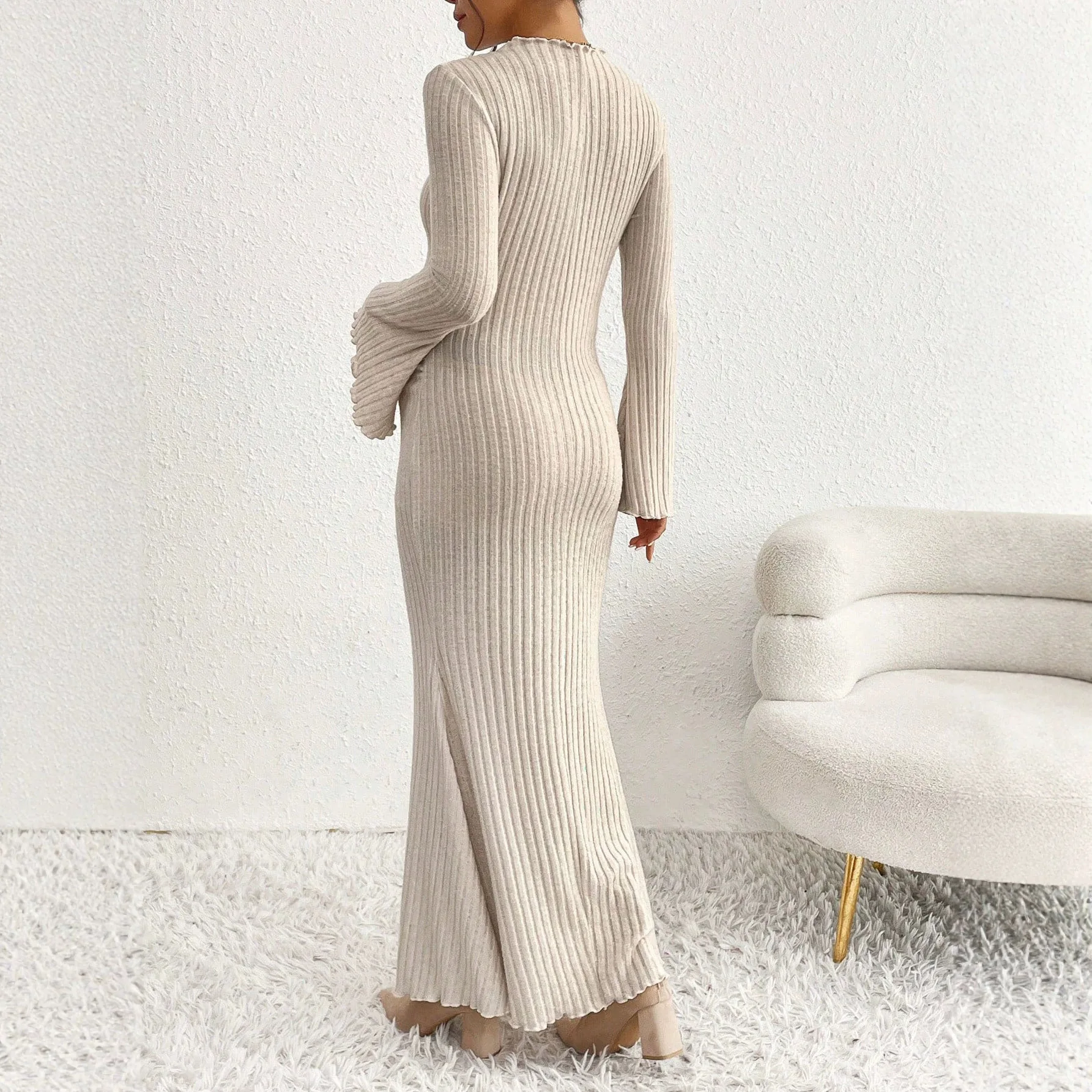 Pregnant Women Solid Ribbed Mermaid Dress Autumn Winter Maternity Ruffle Mock Neck Flare Sleeve Casual Pregnancy Bodycon Dresses