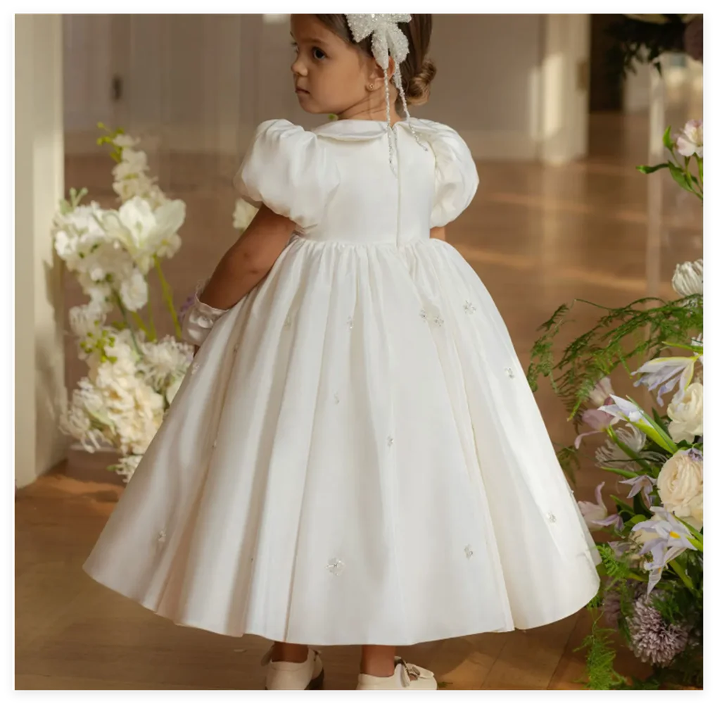 Vestido de niña de flores con cuentas de satén blancas de lujo, con guante, longitud hasta el tobillo, para Princesa, cumpleaños, boda, fiesta de baile