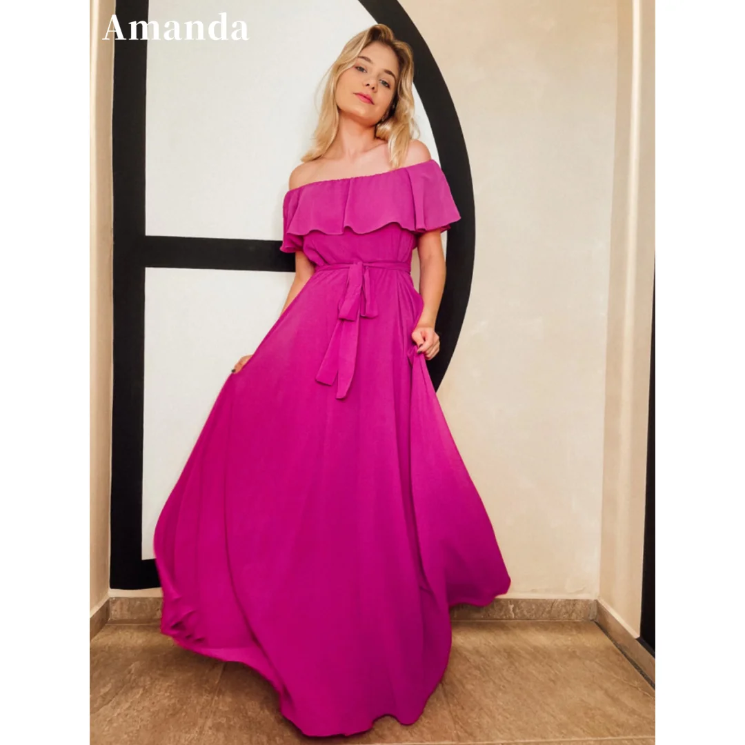 

Amanda Comfy Chiffon Off Shoulder A-line Prom Dress Elegant Fuchsia A-line Maxi Vestidos De Fiesta فساتين سهرة