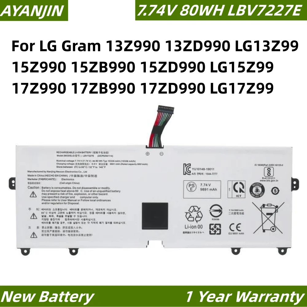 7.74V 80Wh LBV7227E Laptop Battery For LG gram 15 16 17 2020 2021 15Z90N 17Z90N 16ZD90P 16Z90P 16Z90PC 16Z90PG 17Z90P