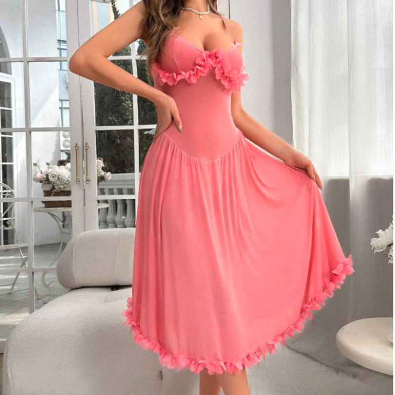 Sexy Lingerie with Women's Halter Style Featuring Lace and Petal-shaped Lace Trim on The Hemline  2 Pieces Set Women'S Pajama