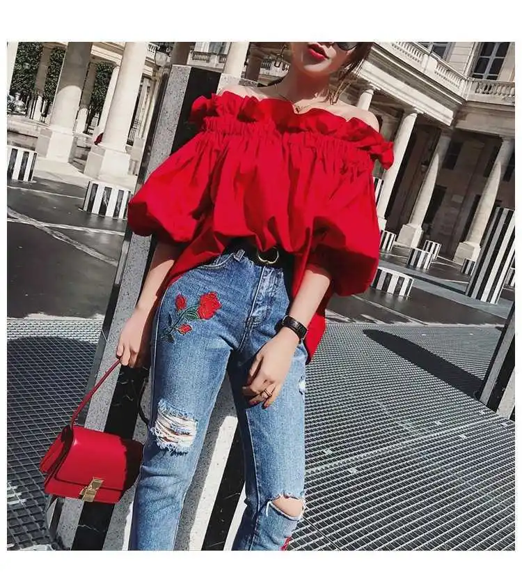 Ruffles Fashion Woman Blouse Off the shoulder Youth Elegnat Blouses Luxury Tops Designer Puff sleeve 2024 Korean New