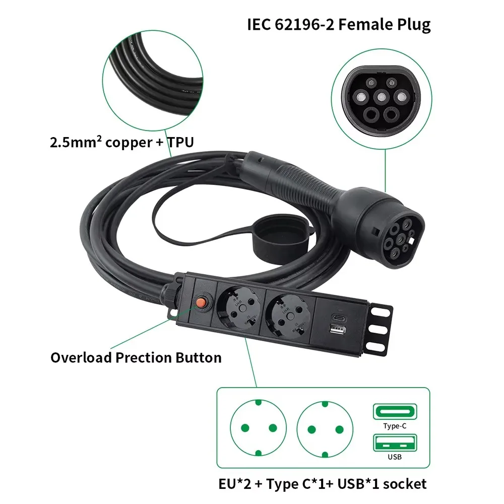 EVMBO Type2 V2L Discharger Cable 3.5KW EU Socket Compatible with BYD Xpeng G6 Renault Jaecoo J7 Omoda 9 MG4 Geely EX5