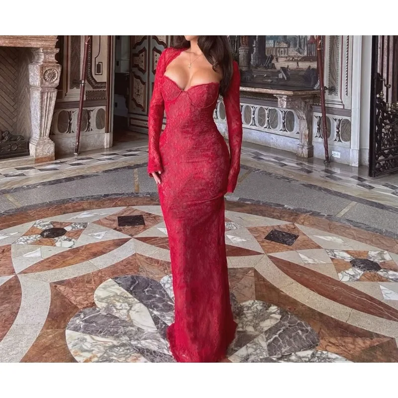 الخريف والشتاء جديد الدانتيل انظر من خلال شال بأكمام طويلة قمة صغيرة مثير ضيق صديرية دائرية مجموعة تنورة ذيل السمكة