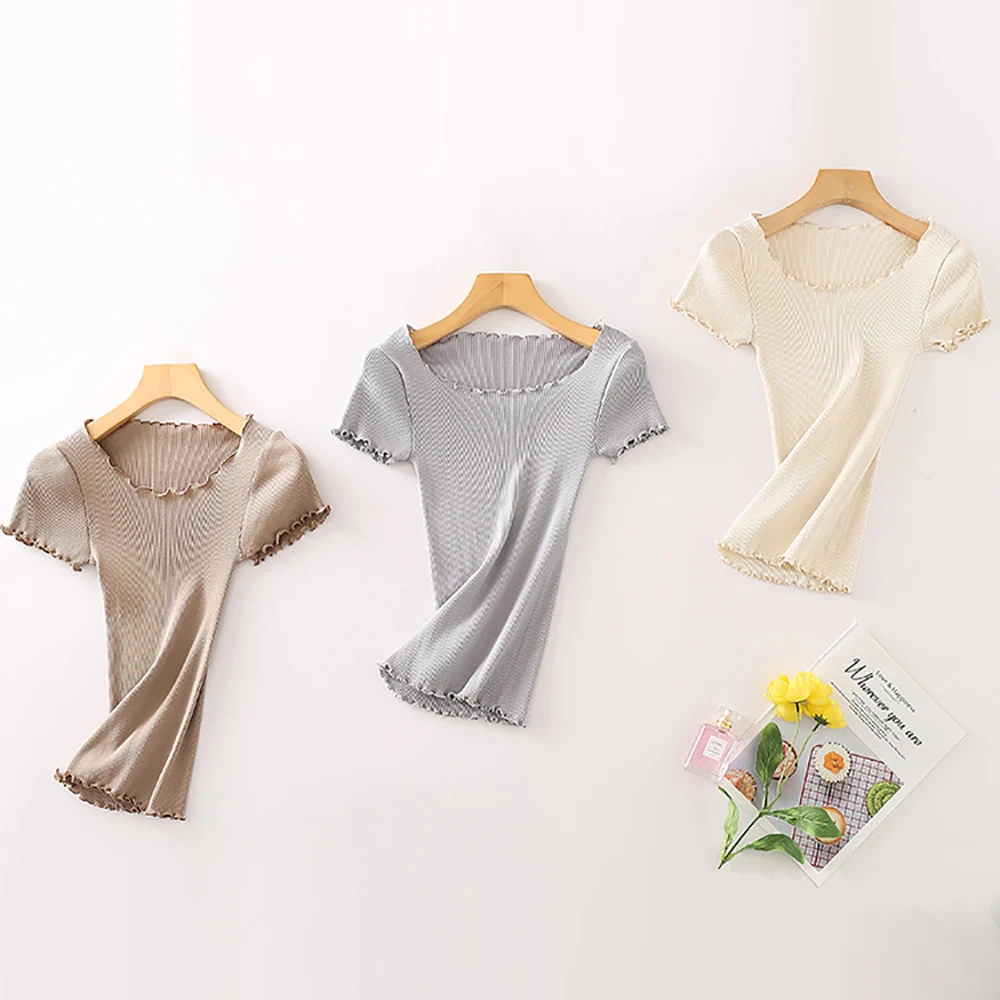 Rib Knitted Silk Cotton Women T-Shirt Short Sleeve Daily Life Casual Yoga Sports T Thin Breathable Anti-Allergy Free Size