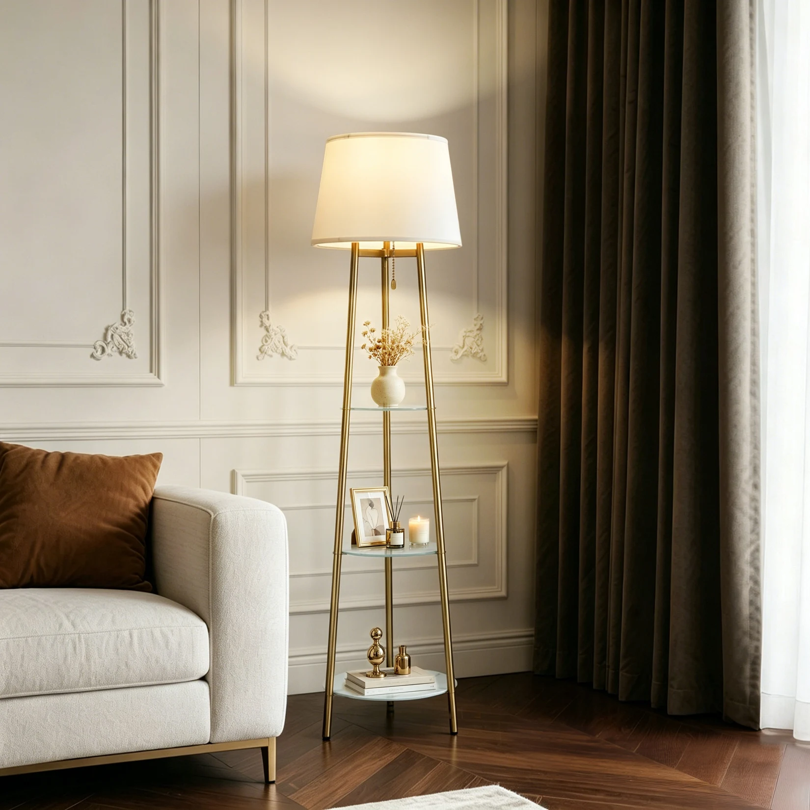 Modern Corner Display Column Bookshelf Lamp, Upgraded Version of Dimmable High Vertical Floor Lamp with Linen Lampshade, LED Bulb, Suitable for Living Room and Reading Room, Bedroom, Office and Nursery, White Marble and Golden Pillars