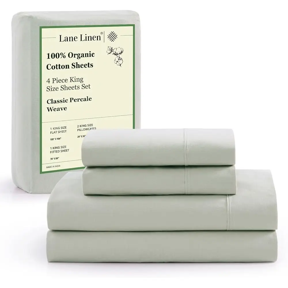 

100% Organic Cotton King Bed Sheet Set, Bedsheets 4Pc Soft Cooling Fully Elasticized Mercerised All Season Sustainably Produced