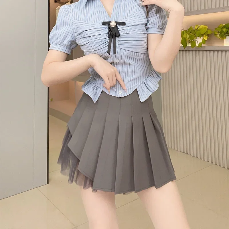 Chic Summer Pleated Skirts Women Party All-match Schoolgirls Clothing Vintage Slim Simple Pure Faldas Ulzzang Y2k Mesh Design