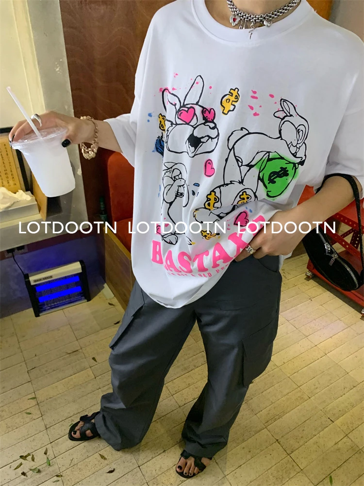 LOTDOOTN  100% Cotton Y2k Korean Fashion Graphic T-shirt Funny Print Top Short Sleeve Loose Summer Tops Harajuku Tees Streetwear