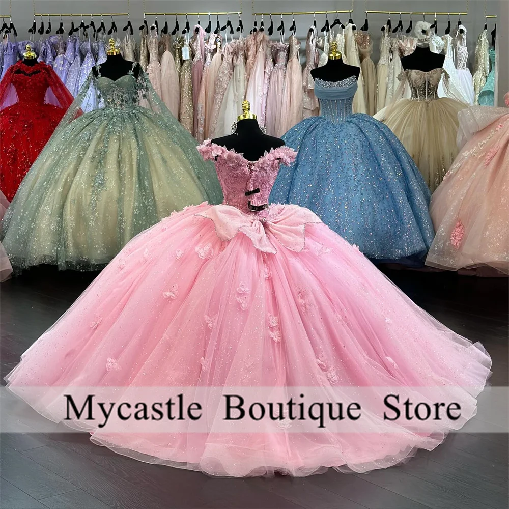 

Pink Lace Appliques Ball Gown Quinceanera Dresses 2025 Bow Flowers Beads Off Shoulder Sweet 16 Dress Birthday Dress Customized