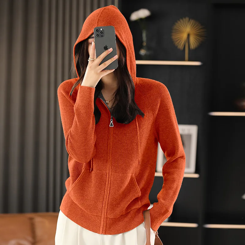 New Popular Hooded Cardigan Women Spring Autumn Loose Warm Casual Ribbed Outerwear Long Sleeve Drawstring Zipper Design Knitwear
