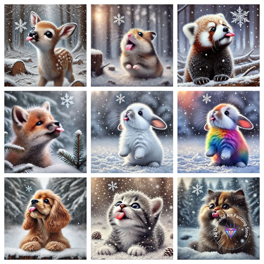 

Cute Snowy Cat Licking Nose Animal AB Diamond Painting Kit Square Round Diamond 5D DIY Mosaic Handmade Art Adult Gift Home Decor