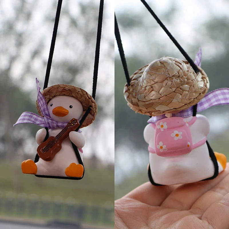 Swing Duck Car Pendant Rearview Mirrors Charms Straw Hat Schoolbag Style Duck Ornament (Mirrors Guitar Duck)