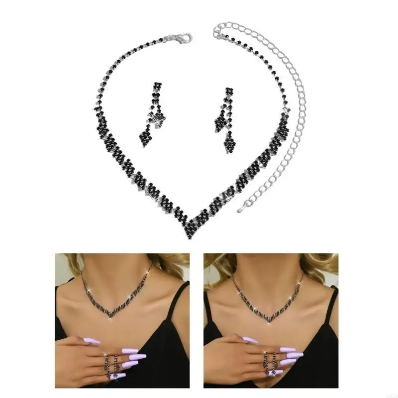 Rhinestones Jóias casamento Conjunto colar elegante e clipe ouvido Acessórios casamento noiva sofisticados para