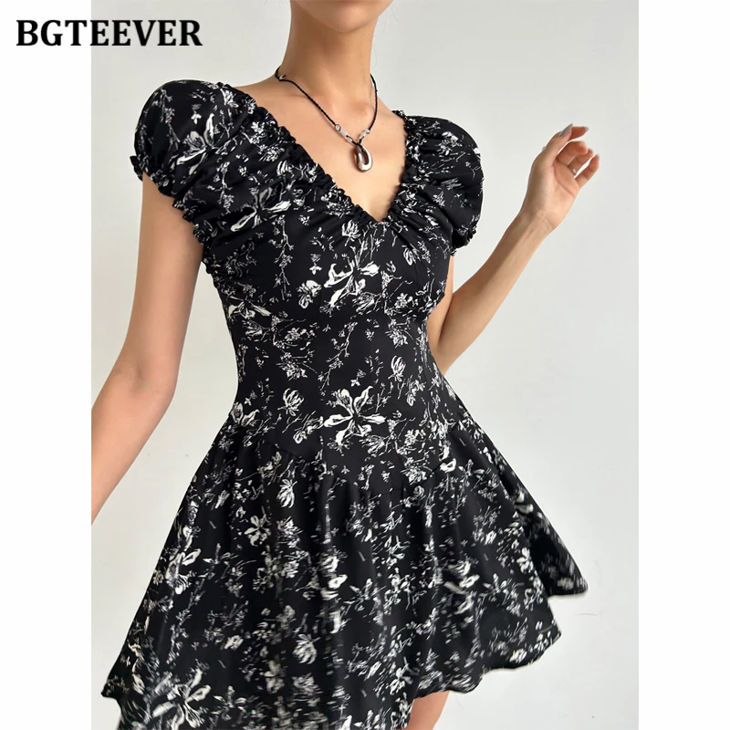 BGTEEVER-Vestido floral elegante com decote em v para mulheres, cintura fina, manga curta, vestido feminino feminino para senhoras de verão