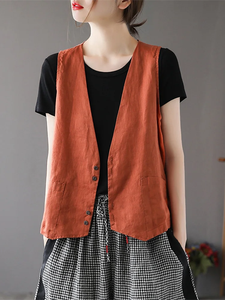 

Повседневный льняной открытый кардиган с v-образным вырезом, женский жилет Tagl для поездок на работу, с пуговицами, чистый цвет, длина стойки