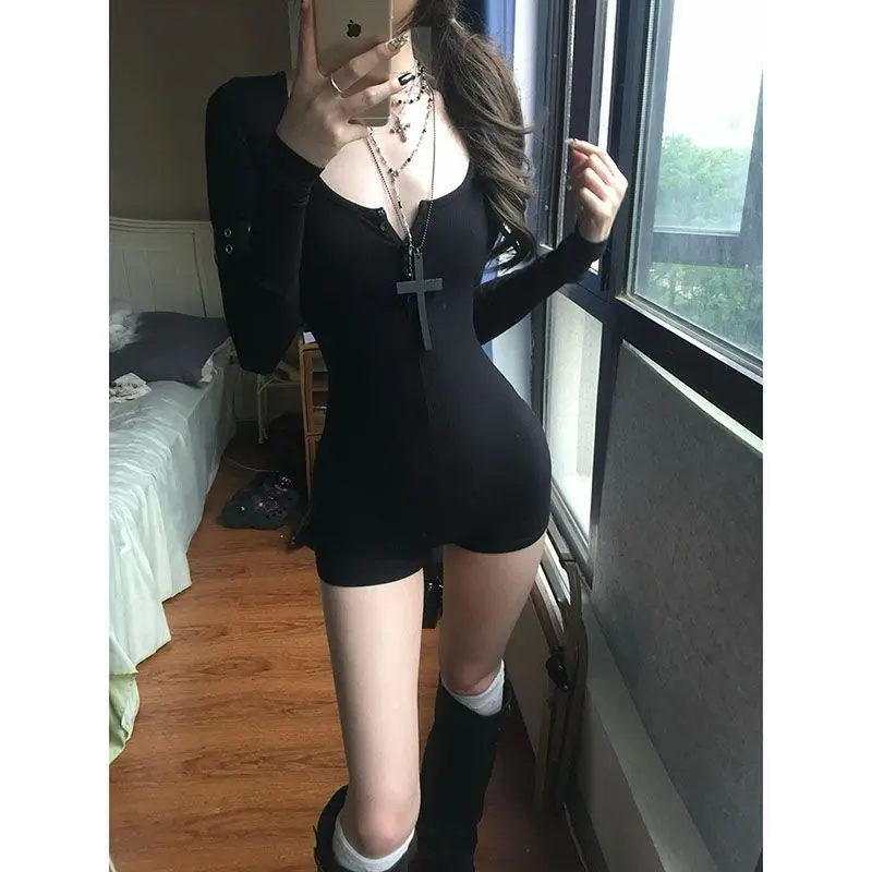 

Women's Black Ribbed Bodysuit - Long Sleeve Deep V Neck Button Detail Bodycon Romper Gothic Streetwear Autumn Casual Jumpsuit