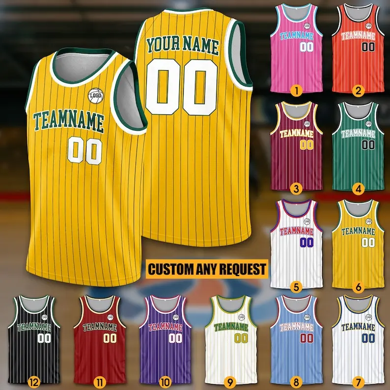 Camiseta de baloncesto personalizada con número de nombre del equipo para adultos y jóvenes, camiseta de baloncesto personalizada de EE. UU., sin mangas, camiseta amarilla a rayas