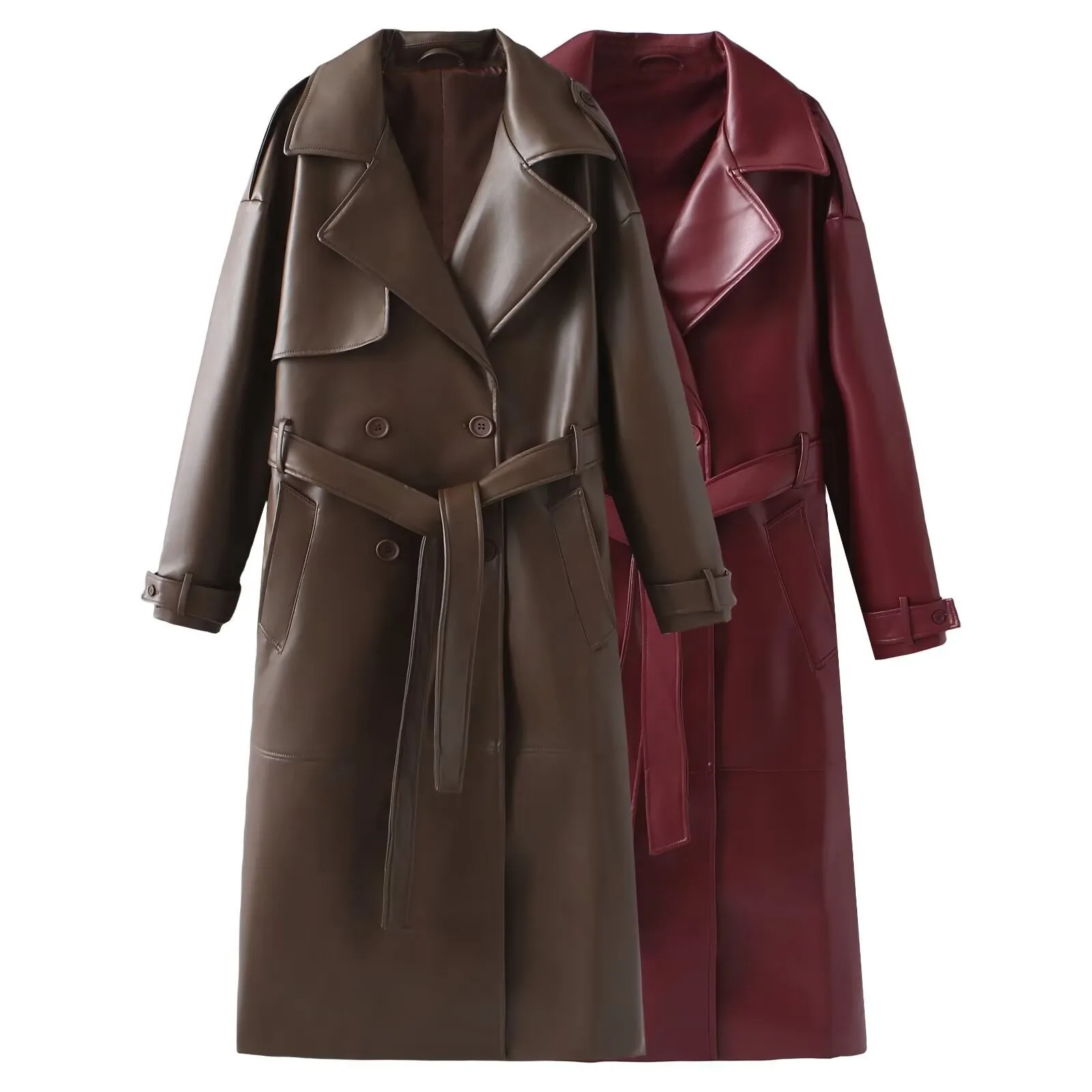 Długi skórzany płaszcz damski 2025New Fashion Lapel Vintage Overcoat with Belt Autumn Winter Chic Warm Solid Outerwear