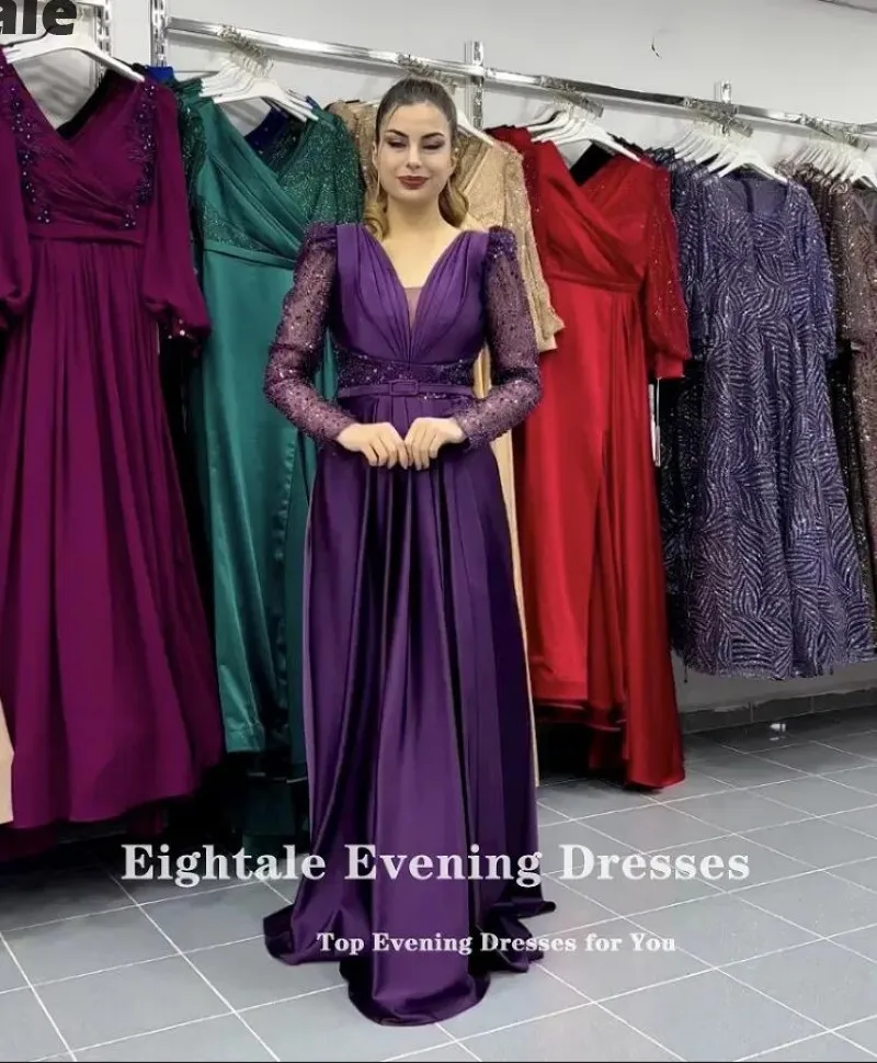 Eightale Arabic Evening Dress V-Neck Sequined Long Sleeves Customized Prom Wedding Party Gowns A-Line Satin Robe De Soirée