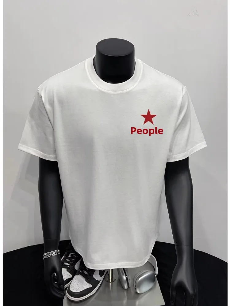 Kaos Pria Musim Panas Katun Murni 320g Berat, Pakaian Dalam Bermotif, Panjang Sebahu, Kasual, Modis, Bernapas