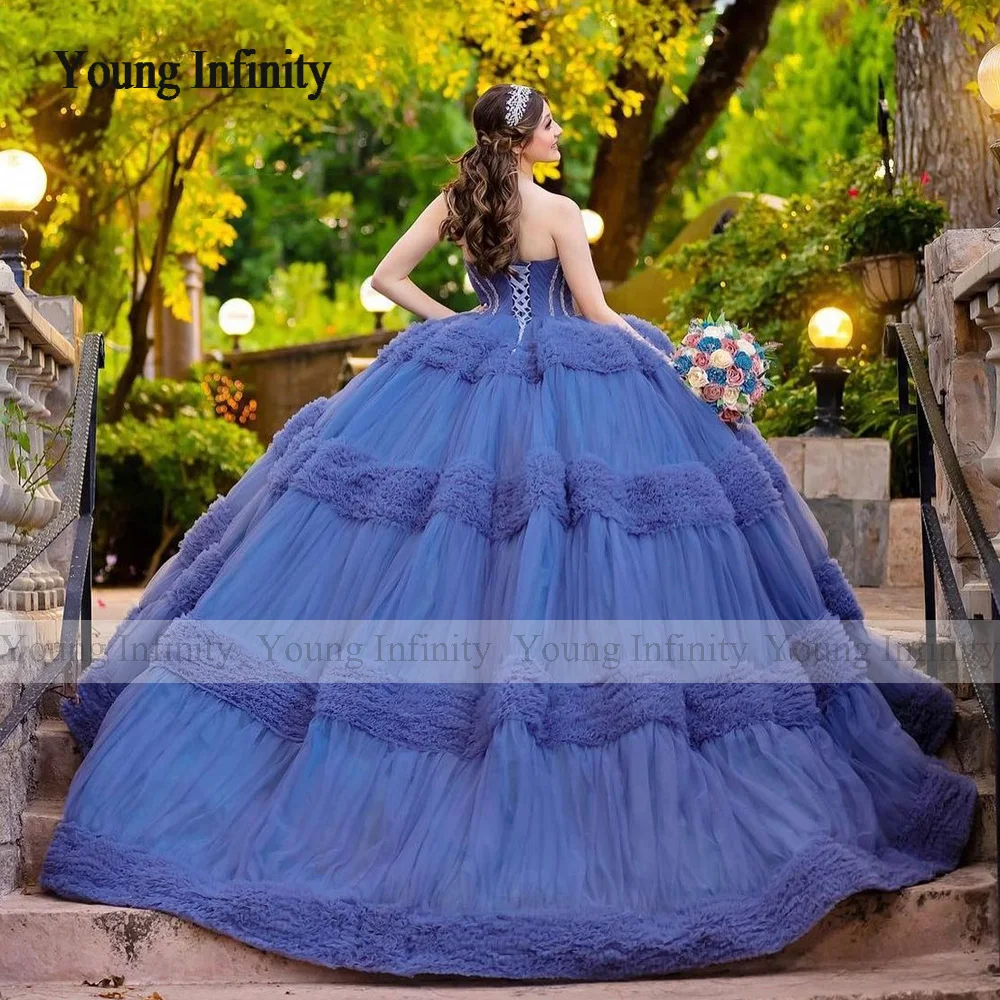 Luxury Blue Quinceanera Dress 2024 Ball Gown Princess Sweet 15 16 Birthday Party Gown Pleats Layers Ruffle Backless Pageant Miss