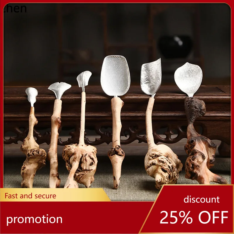 CZ Wooden Root  Scoop, Pure Tin Tea Spatula, Natural Solid Wood Tea Tool, Zen Tea Ceremony Accessory