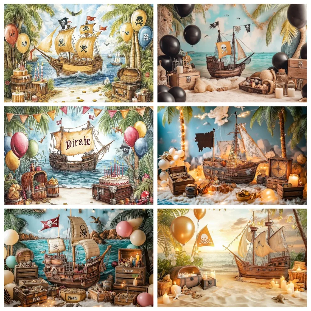 

Pirate Ship Treasure Chest Theme Banner Photography Background, Children's Birthday Party Decoration Photography Studio Backdrop