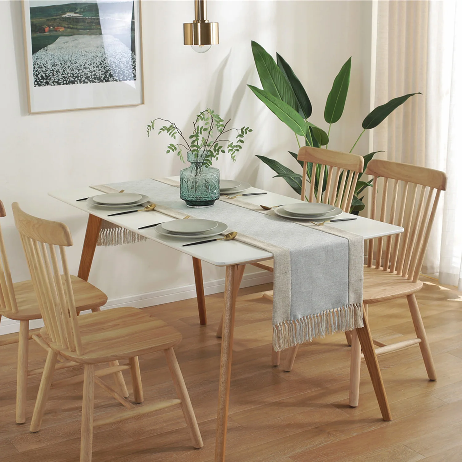 

Heavy Rustic Table Runner with Fringe - Linen Table Runner for Dining & Living Room - Boho Farmhouse Style - Washable