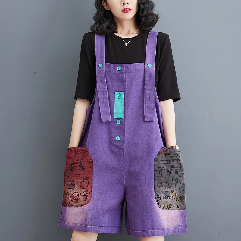 Summer Denim Playsuits Shorts Fashion Loose Casual Kawaii Cute Animal Cartoon Print Pockets Wide Leg Overalls Bleached Jumpsuits