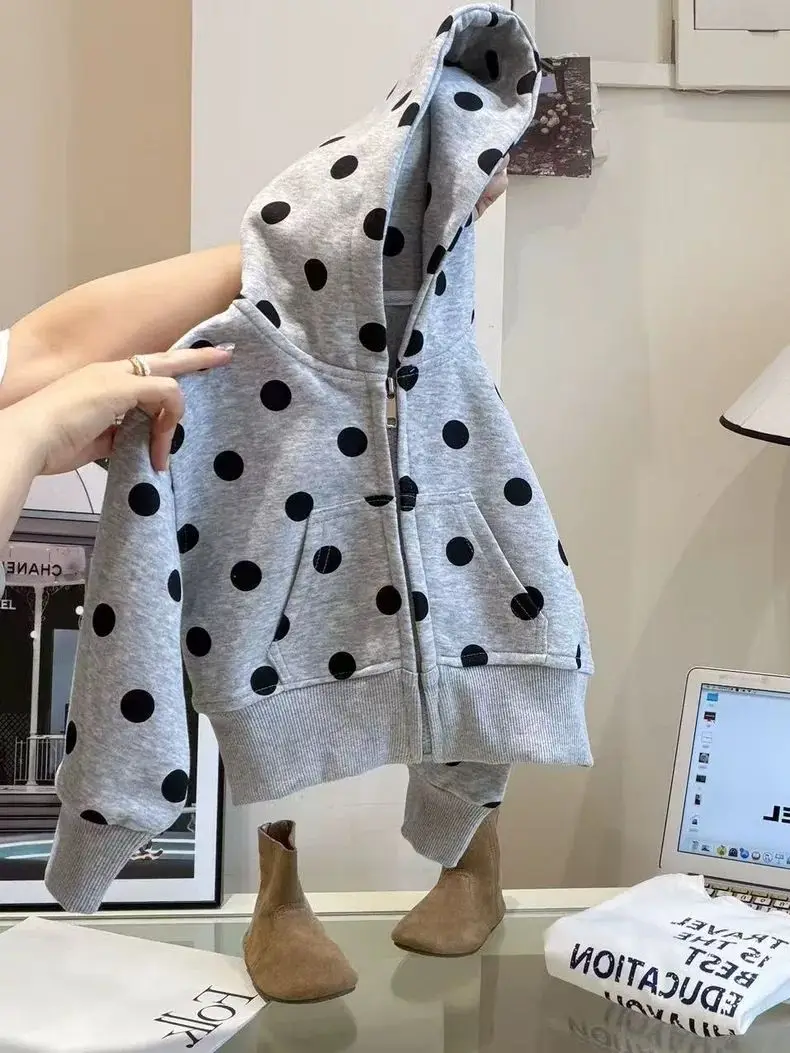 Girls' polka dot hoodie 2026 spring and autumn new item children's Korean gray polka dot fashion jacket