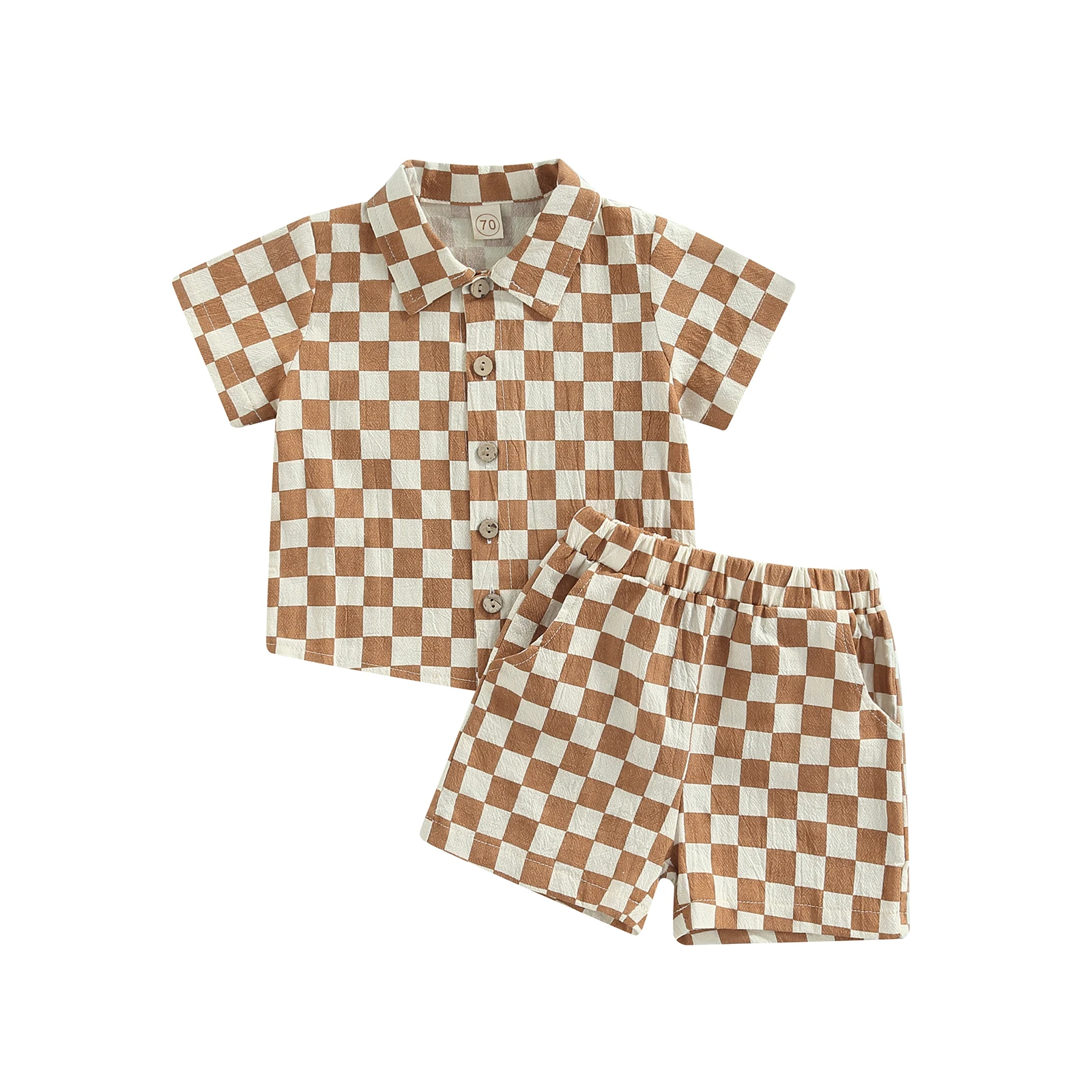 Toddler Baby Boy Clothes Cotton Linen Checkerboard Short Sleeve Button Down T-Shirt Shorts Summer Outfit 2PCS Set