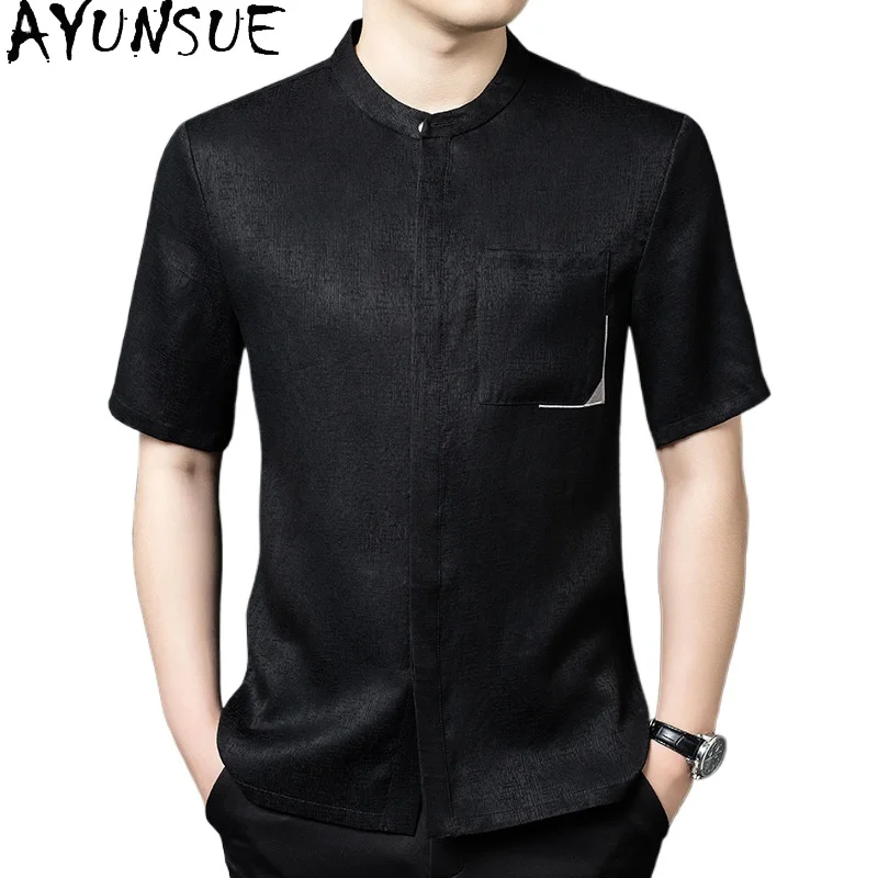 

AYUNSUE 90% Real Mulberry Silk Shirts for Men Casual Summer Tops High Quality Gauze Silk Black Shirt Fashion Short Sleeve Shirts
