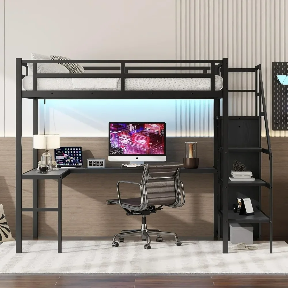 Full Size Gaming Loft Bed with L-Shaped Desk, LED and Charging Station, Metal Loft Bed with Wardrobe and Adjustable Shelf