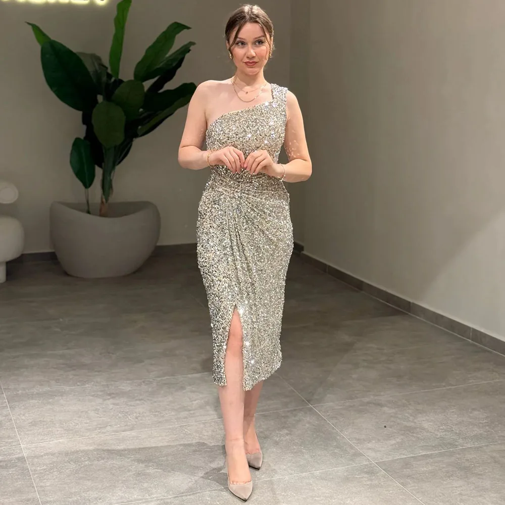 

Gorgeous One Shoulder Sequined Evening Dresses 2026 Women Sleeveless Tea Length Pleats Pageant Party Gowns Side Slit Prom Gowns