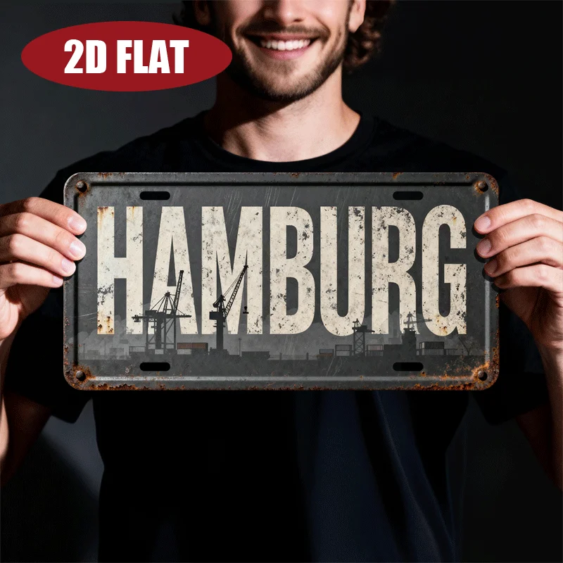 2D Flat, Hamburg German City Landmark Name Theme Aluminum License Plaque, European City Culture/ Metal License Plate Design