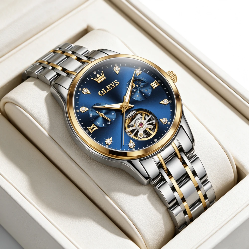 OLEVS Ladies Automatic Mechanical Watch Tourbillon Skeleton Blue Dial Moon Phase Steel Bracelet Women Luxury Wrist Watch